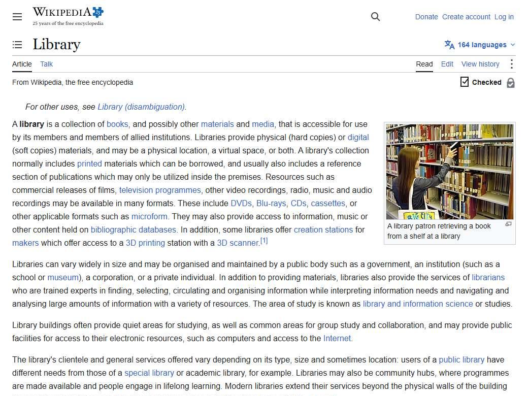 Top of a full-page capture of the English Wikipedia article Library